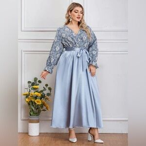 Plus Size Floral‎ Print Belted Wrap V Neck A Line elegant Dress baby blue 1X